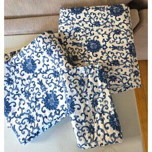 VTG Lauren Ralph Lauren Blue White Floral 2 Full Flat Sheets 1 Pillowcase Set